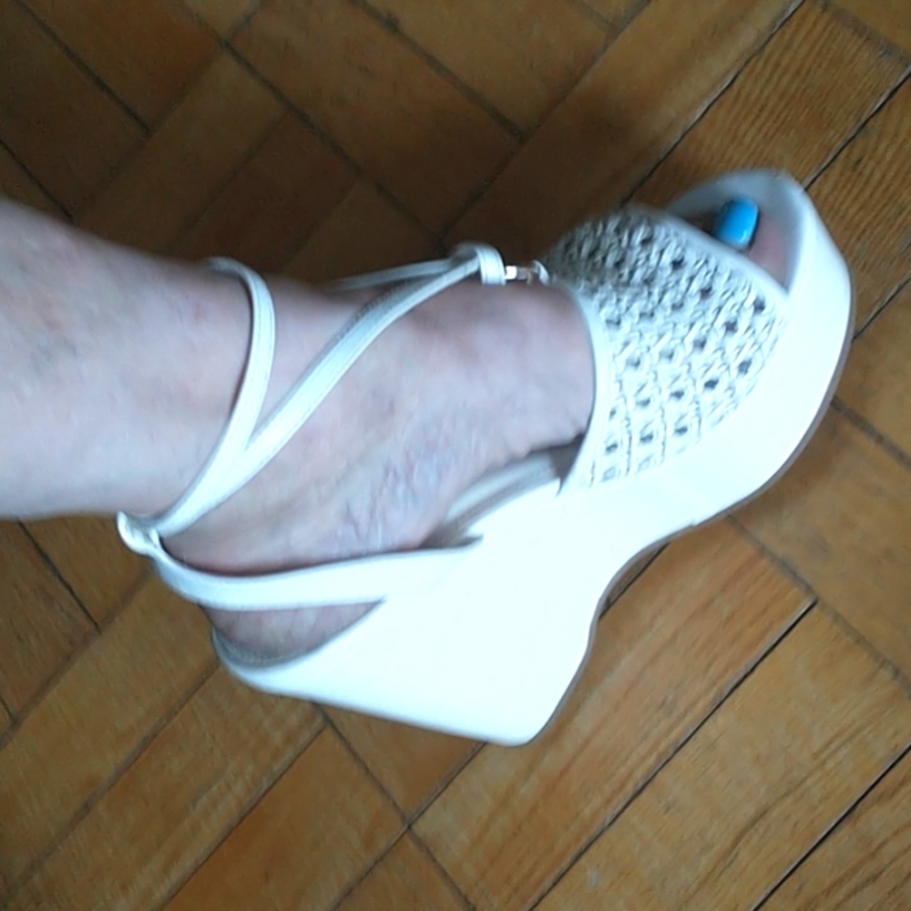 Cream faux leather strappy wedges